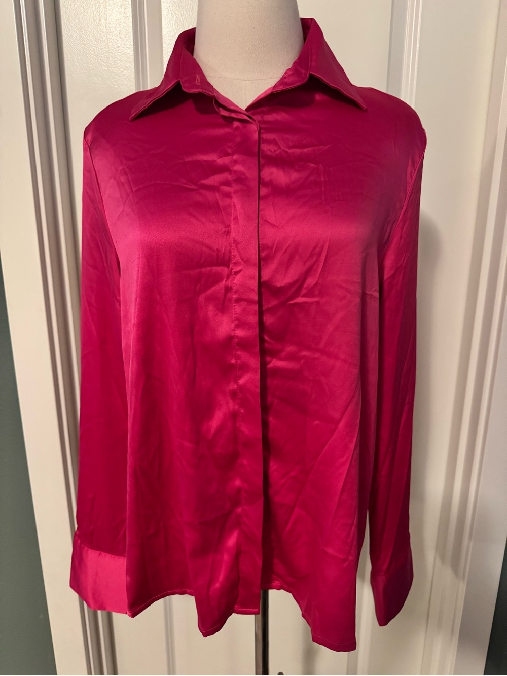 Fuchsia Satin Button-Down Blouse with Classic Collar